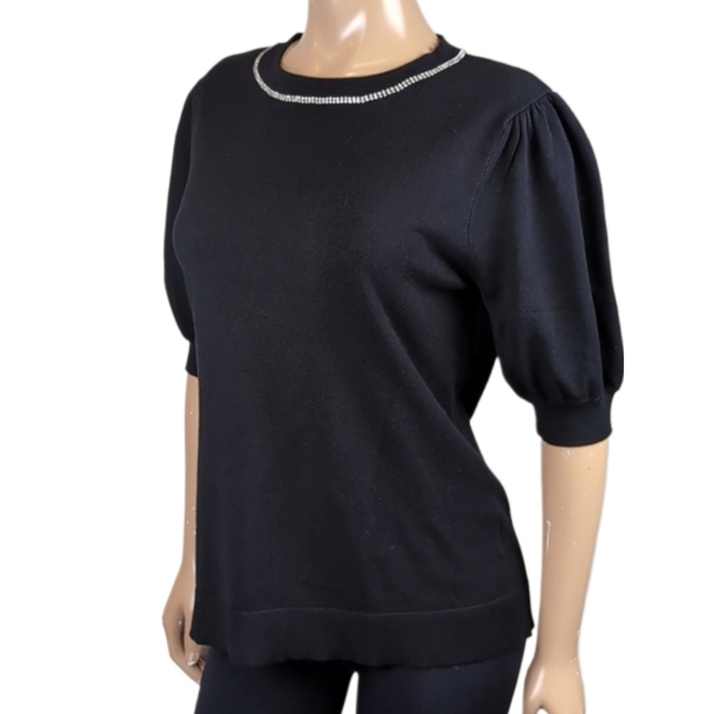 H By Halston Puff Sleeve Top Rhinestone Detail Black Knit Sweater Size Large